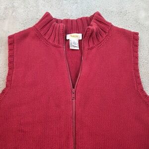 VTG Talbots Full Zip Sweater Vest Womens Lg Burgundy Red Cotton Mock Neck Shaker